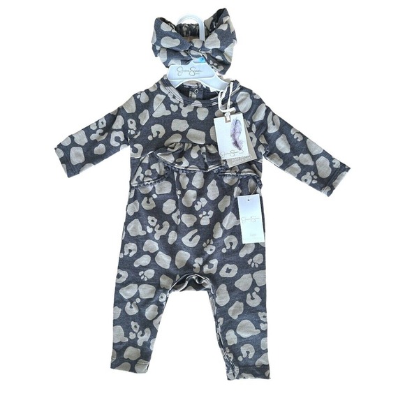 Jessica Simpson Baby Romper Bodysuit Headband Set Long Sleeve 0-3M 3-6M 6-9M - Picture 1 of 5